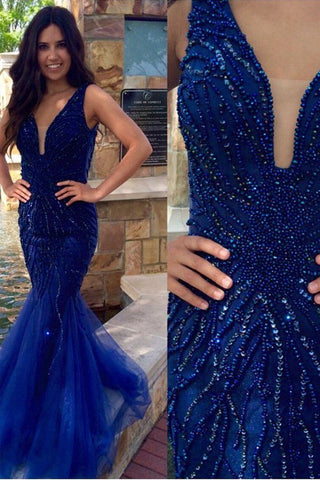 Fashion Royal Blue U Neck Beaded Mermaid Long Prom Dress Formal Evening Fancy Dresses