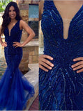 Fashion Royal Blue U Neck Beaded Mermaid Long Prom Dress Formal Evening Fancy Dresses