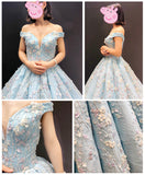 Luxurious 3D Floral Lace Light Blue Ball Gown Prom Dress Formal Evening Grad Dresses