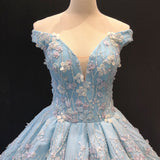 Luxurious 3D Floral Lace Light Blue Ball Gown Prom Dress Formal Evening Grad Dresses