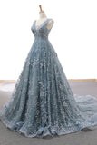 Fashion V Neck Lace Grey Blue High Quality Long Prom Dress Formal Evening Grad Dresses