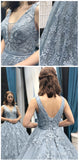 Fashion V Neck Lace Grey Blue High Quality Long Prom Dress Formal Evening Grad Dresses