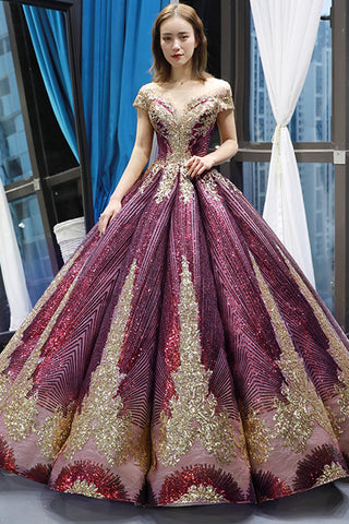 Luxurious Cap Sleeves Sequin Ball Gown Long Prom Dress Formal Quinceanera Dresses