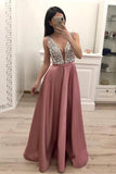 Dusty Rose Satin A Line Deep V Neck Beaded Long Formal Prom Dress Evening Dresses