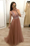 Fashion A Line V Neck Beaded Dusty Rose Tulle Long Formal Prom Dresses Evening Dress