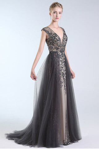 Sparkle Backless V Neck Grey Tulle Crystal Long Formal Prom Dresses Evening Party Dress