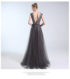 Sparkle Backless V Neck Grey Tulle Crystal Long Formal Prom Dresses Evening Party Dress