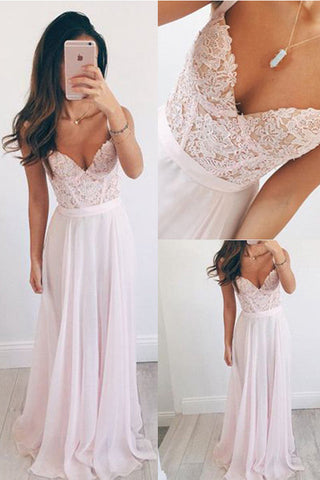 Hot Sales Spaghetti Straps Pink Lace Chiffon Party Gowns Prom Dresses