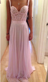 Hot Sales Spaghetti Straps Pink Lace Chiffon Party Gowns Prom Dresses