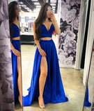 Two Piece Royal Blue V Neck Split Long Elegant Prom Dress Formal Evening Grad Dresses