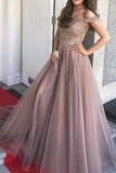 Stunning A Line Off the Shoulder Beaded Tulle Long Formal Prom Dresses Evening Grad Dress