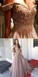 Stunning A Line Off the Shoulder Beaded Tulle Long Formal Prom Dresses Evening Grad Dress