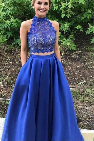 2 Pieces Royal Blue High Neck Lace Prom Dress With Pocket