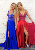 Two Piece A Line V Neck Beaded Slit Royal Blue Long Prom Dresses Formal Evening Dress