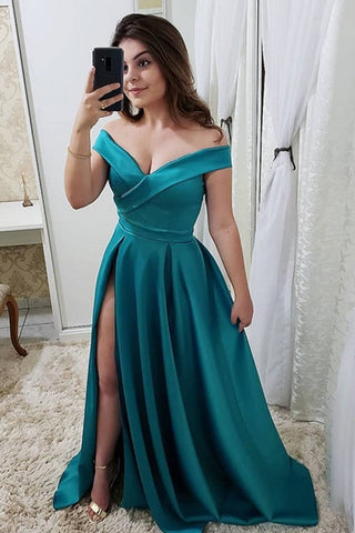 Fashion Off the Shoulder A Line Green Split Long Elegant Prom Dresses Formal Evening Dress