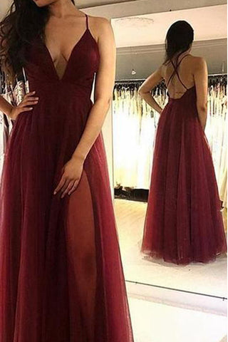 Backless Spaghetti Straps V Neck Long Burgundy Elegant Formal Prom Dresses Evening Dress