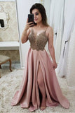 A Line Spaghetti Straps Split V Neck Pink Beaded Long Prom Dresses Formal Evening Dress