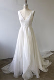 Elegant A Line V Neck Ivory Open Back High Low Wedding Dresses Formal Prom Dress