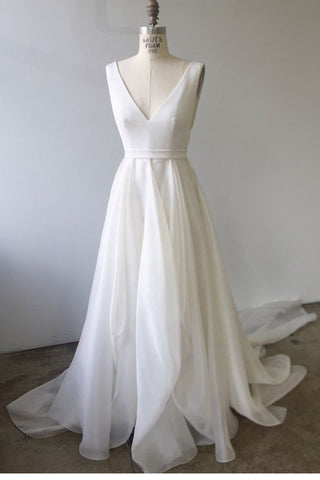 Elegant A Line V Neck Ivory Open Back High Low Wedding Dresses Formal Prom Dress