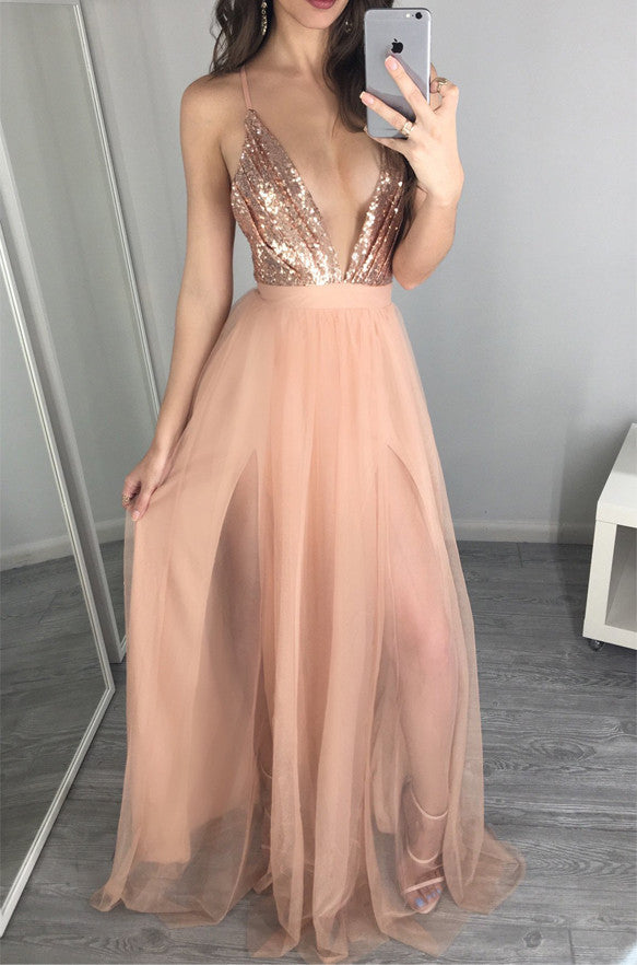 Blush Pink V Neck Sexy Rose Sequin Backless Evening Dress Prom Dresses