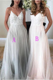 White Lace A Line V Neck Lace Long Prom Dresses Formal Evening Dress With Pocket