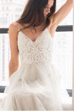 White Lace A Line V Neck Lace Long Prom Dresses Formal Evening Dress With Pocket