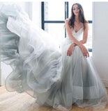 White Lace A Line V Neck Lace Long Prom Dresses Formal Evening Dress With Pocket