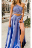 One Shoulder Two Piece Lace Split Lavender Long Prom Dresses Formal Evening Dress