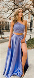 One Shoulder Two Piece Lace Split Lavender Long Prom Dresses Formal Evening Dress