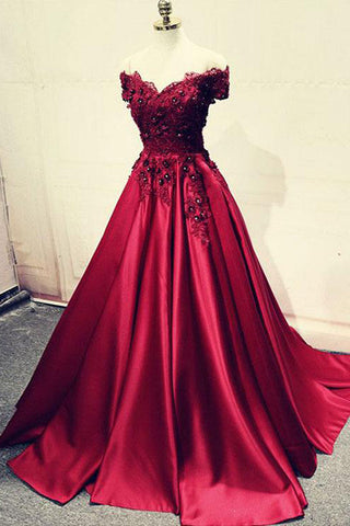 Fashion Off the Shoulder Lace Appliques Burgundy Bead Prom Dresses Formal Evening Gown Dress