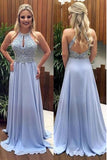 Fashion Open Back Lilac Chiffon Beaded Halter Long Prom Dresses Formal Evening Party Dress