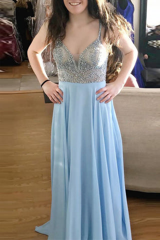 A Line Light Blue Chiffon Beaded Spaghetti Straps Long Prom Dresses Formal Evening Dress