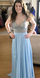 A Line Light Blue Chiffon Beaded Spaghetti Straps Long Prom Dresses Formal Evening Dress