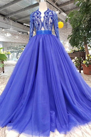 New Design Long Sleeves See Through Lace Beaded Blue Prom Dresses Formal Evening Party Dress