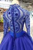 New Design Long Sleeves See Through Lace Beaded Blue Prom Dresses Formal Evening Party Dress