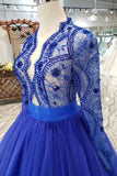 New Design Long Sleeves See Through Lace Beaded Blue Prom Dresses Formal Evening Party Dress