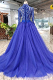 New Design Long Sleeves See Through Lace Beaded Blue Prom Dresses Formal Evening Party Dress