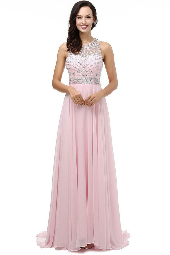 Open Back A Line Pink Chiffon Beads Long Party Gowns Prom Dresses