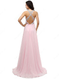 Open Back A Line Pink Chiffon Beads Long Party Gowns Prom Dresses
