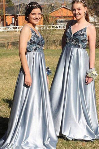 Chic Spaghetti Straps V Neck Beaded Grey Blue Long Formal Prom Dress Evening Party Dresses