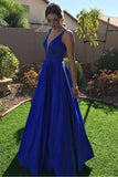 Elegant Royal Blue V Neck A Line Long Formal Prom Dress Evening Party Gown Dresses