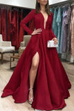 Simple Long Sleeves Deep V Neck Burgundy Formal Prom Dress Evening Party Gown Dresses