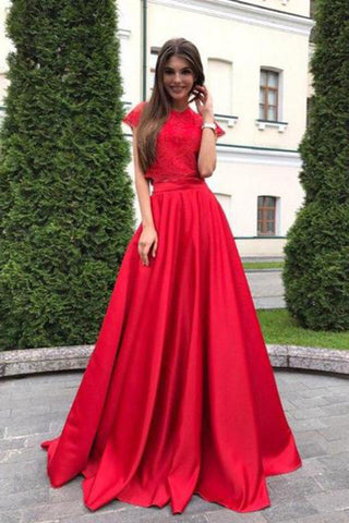 2 Pieces High Neck Red Cap Sleeves Lace Long Prom Dress
