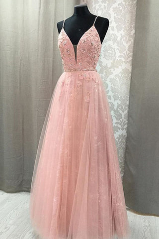 Fashion V Neck Open Back Flesh Pink Lace Long Formal Prom Dress Evening Party Grad Dresses