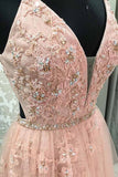 Fashion V Neck Open Back Flesh Pink Lace Long Formal Prom Dress Evening Party Grad Dresses
