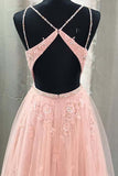 Fashion V Neck Open Back Flesh Pink Lace Long Formal Prom Dress Evening Party Grad Dresses