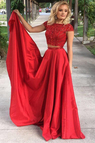 Two Piece Cap Sleeves Red Sequin Long Formal Prom Dress Evening Party Gown Dresses