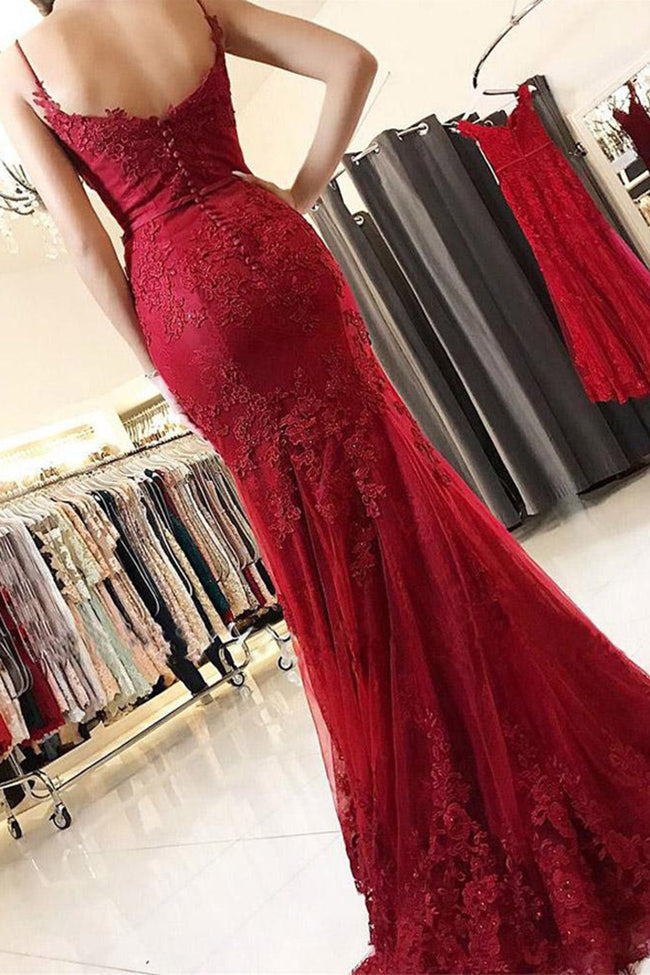 Chic Appliques Lace Beaded Straps Burgundy Mermaid Long Formal Prom Dress Evening Dresses