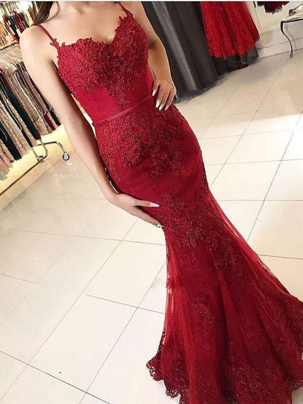 Chic Appliques Lace Beaded Straps Burgundy Mermaid Long Formal Prom Dress Evening Dresses
