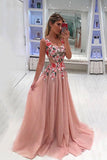 Fashion Blush Pink See Through Lace Flowers Prom Dress Formal Evening Party Dresses